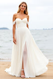 Ivory Chiffon Off the Shoulder Sweep Train Boho Wedding Dress with Slit