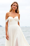 Ivory Chiffon Off the Shoulder Sweep Train Boho Wedding Dress with Slit