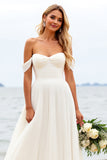 Ivory Chiffon Off the Shoulder Sweep Train Boho Wedding Dress with Slit