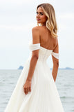 Ivory Chiffon Off the Shoulder Sweep Train Boho Wedding Dress with Slit