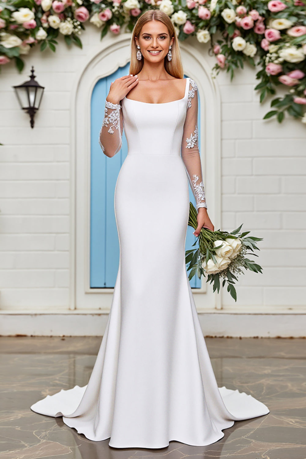 Ivory Satin Square Neck Mermaid Sweep Train Mermaid Wedding Dress