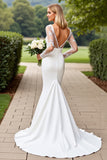Ivory Satin Square Neck Mermaid Sweep Train Mermaid Wedding Dress