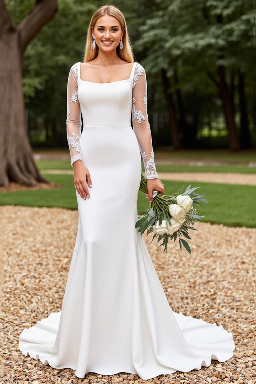 Ivory Satin Square Neck Mermaid Sweep Train Mermaid Wedding Dress