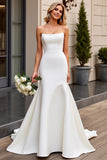 Ivory Satin Strapless Sweep Train Mermaid Wedding Dress