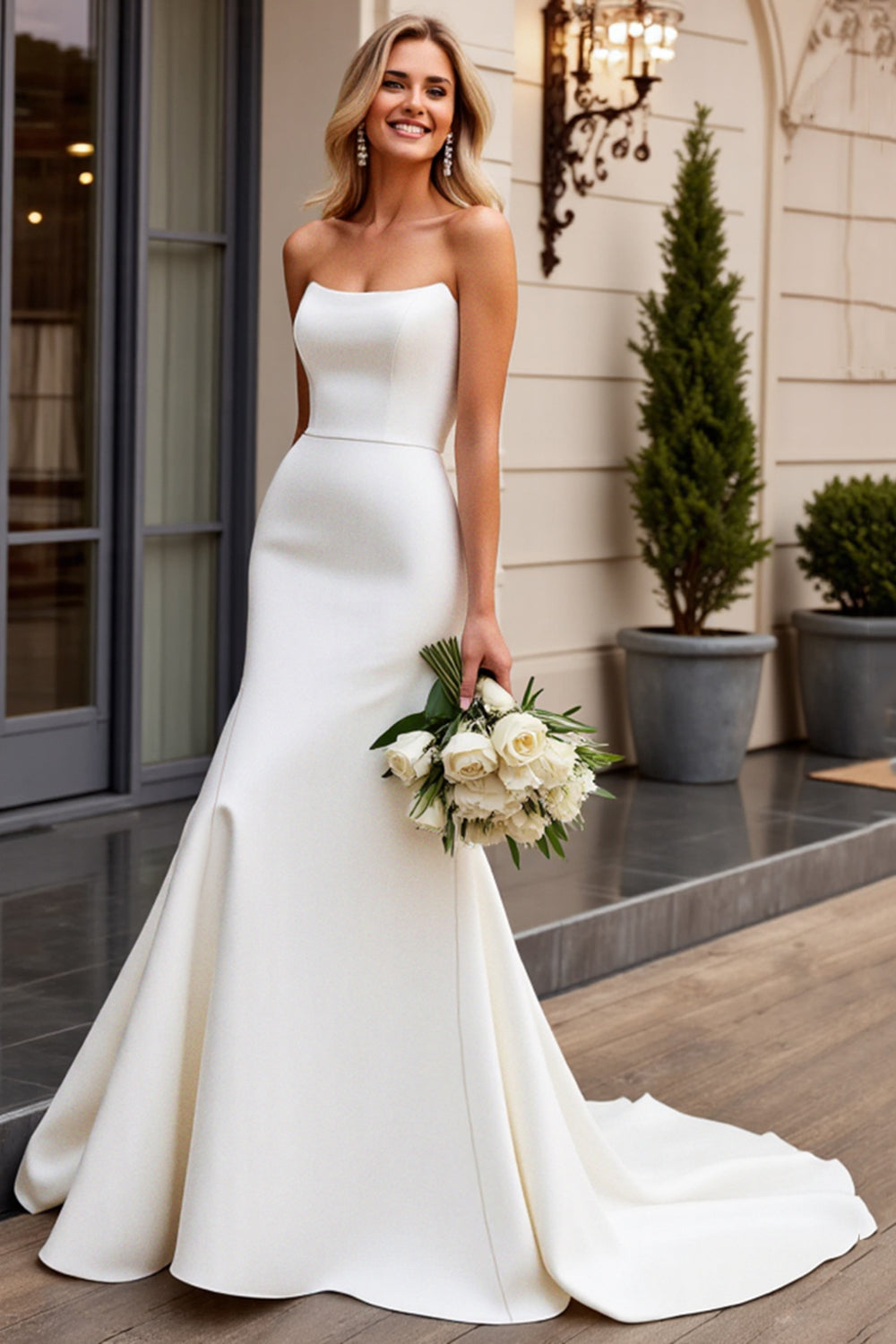 Ivory Satin Strapless Sweep Train Mermaid Wedding Dress
