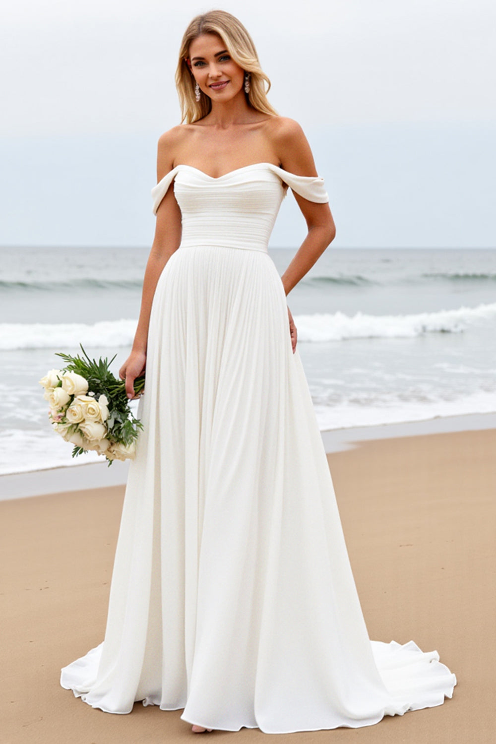Ivory A Line Chiffon Off the Shoulder Sweep Train Boho Wedding Dress