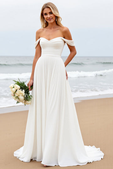 Ivory A Line Chiffon Off the Shoulder Sweep Train Boho Wedding Dress