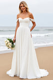 Ivory A Line Chiffon Off the Shoulder Sweep Train Boho Wedding Dress
