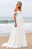 Ivory A Line Chiffon Off the Shoulder Sweep Train Boho Wedding Dress