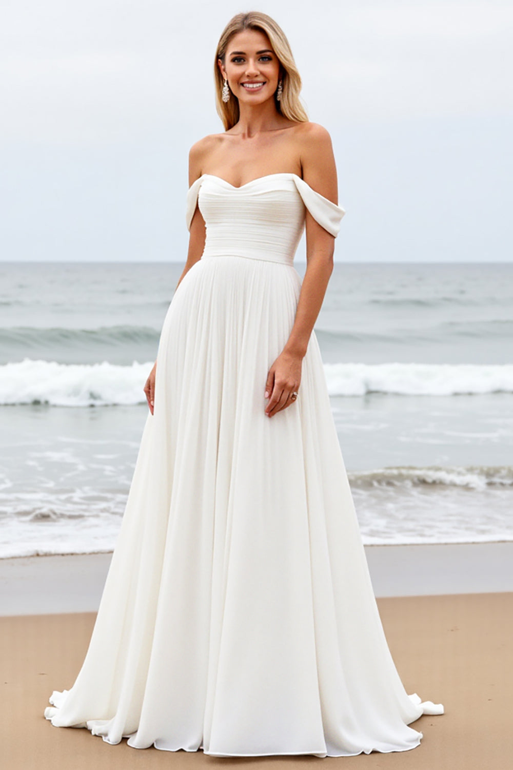 Ivory A Line Chiffon Off the Shoulder Sweep Train Boho Wedding Dress