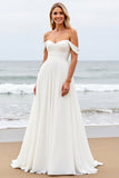 Ivory A Line Chiffon Off the Shoulder Sweep Train Boho Wedding Dress