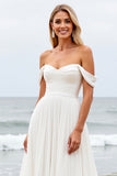 Ivory A Line Chiffon Off the Shoulder Sweep Train Boho Wedding Dress