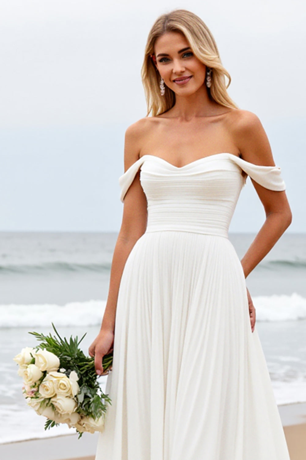 Ivory A Line Chiffon Off the Shoulder Sweep Train Boho Wedding Dress