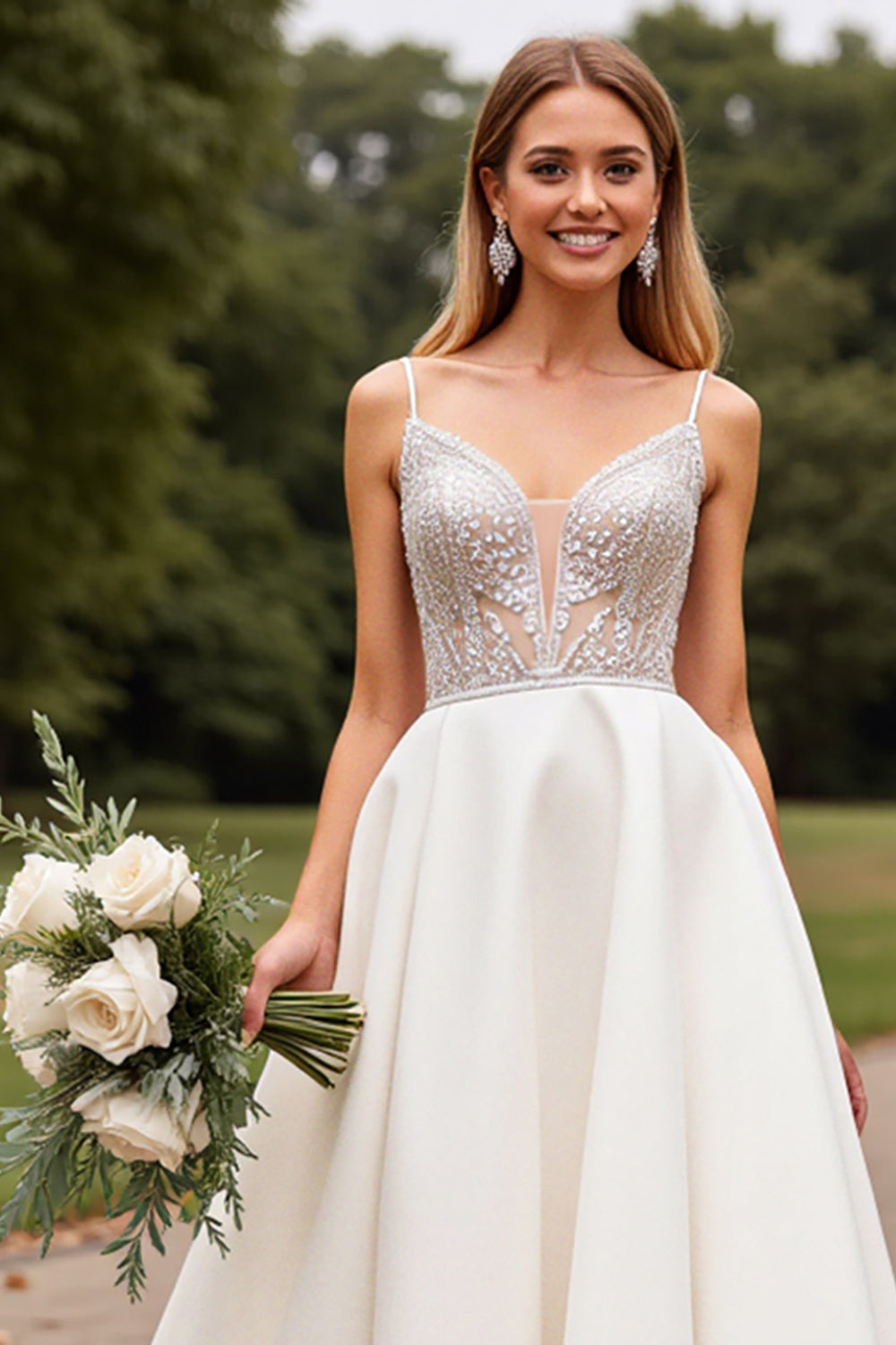 Ivory Satin A Line Sweep Train V Neck Wedding Dress with Lace