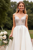 Ivory Satin A Line Sweep Train V Neck Wedding Dress with Lace