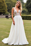 Ivory Chiffon V Neck Sweep Train A Line Wedding Dress with Slit