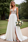 Ivory Chiffon V Neck Sweep Train A Line Wedding Dress with Slit