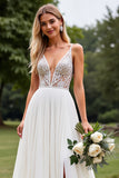 Ivory Chiffon V Neck Sweep Train A Line Wedding Dress with Slit