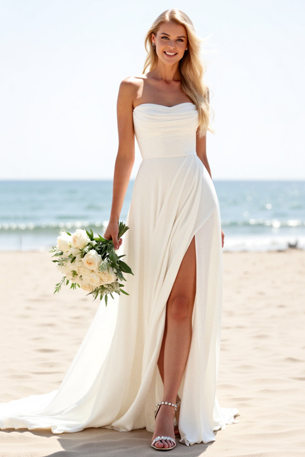 Ivory Chiffon Strapless Sweep Train A Line Boho Wedding Dress with Slit