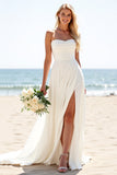 Ivory Chiffon Strapless Sweep Train A Line Boho Wedding Dress with Slit