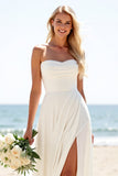 Ivory Chiffon Strapless Sweep Train A Line Boho Wedding Dress with Slit