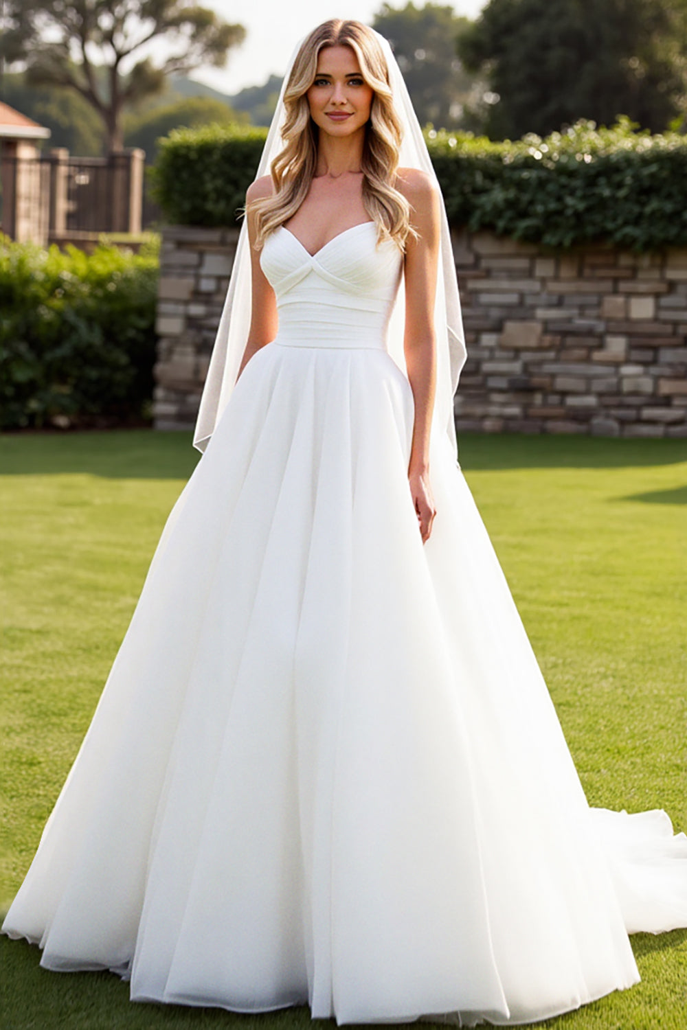 Simple Ivory A Line Strapless Sweep Train Wedding Dress
