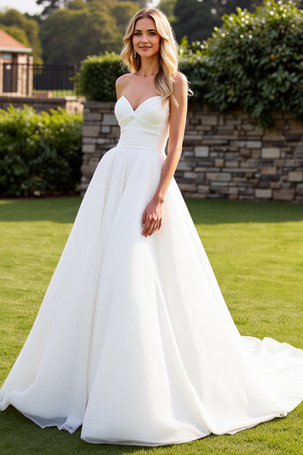 Simple Ivory A Line Strapless Sweep Train Wedding Dress