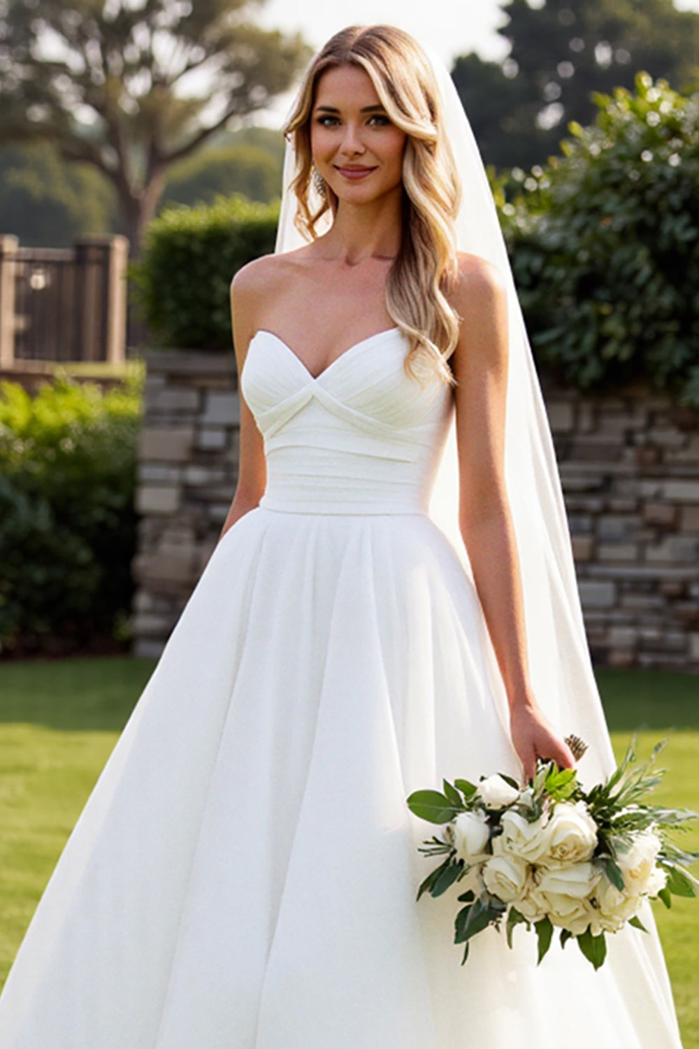 Simple Ivory A Line Strapless Sweep Train Wedding Dress