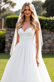 Simple Ivory A Line Strapless Sweep Train Wedding Dress