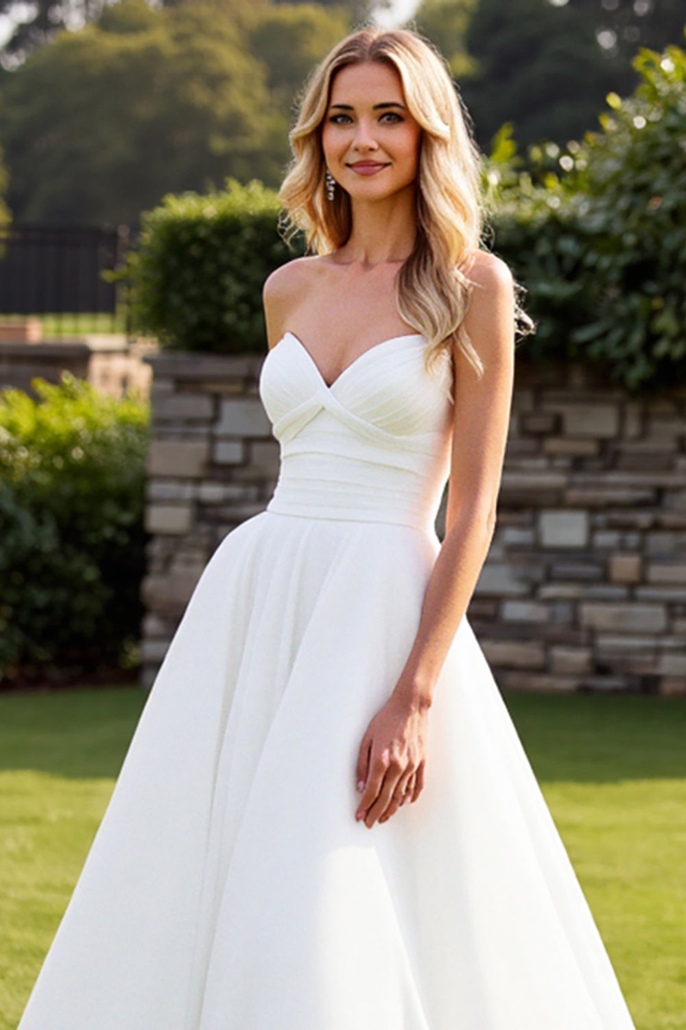 Simple Ivory A Line Strapless Sweep Train Wedding Dress