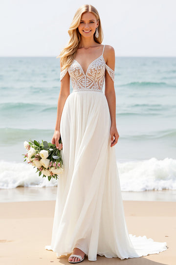 Ivory Chiffon Cold Shoulder A Line Sweep Train Boho Wedding Dress with Lace