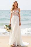 Ivory Chiffon Cold Shoulder A Line Sweep Train Boho Wedding Dress with Lace