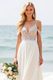 Ivory Chiffon Cold Shoulder A Line Sweep Train Boho Wedding Dress with Lace