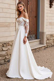 Ivory Off the Shoulder Ball Gown Satin Sweep Train Wedding Dress with Lace