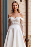Ivory Off the Shoulder Ball Gown Satin Sweep Train Wedding Dress with Lace