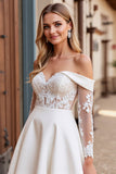 Ivory Off the Shoulder Ball Gown Satin Sweep Train Wedding Dress with Lace