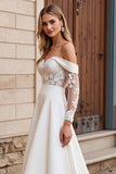 Ivory Off the Shoulder Ball Gown Satin Sweep Train Wedding Dress with Lace