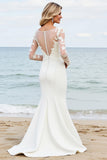 Ivory Satin Illusion Boat Neck Mermaid Sweep Train Boho Wedding Dress with Lace