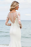Ivory Satin Illusion Boat Neck Mermaid Sweep Train Boho Wedding Dress with Lace
