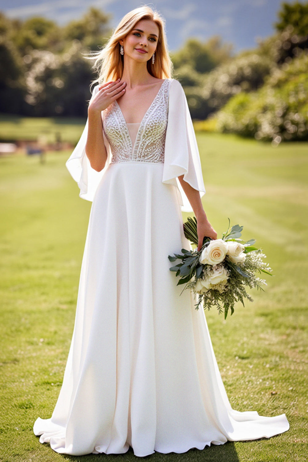 Ivory A Line Chiffon V Neck Sweep Train Wedding Dress with Lace