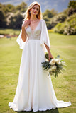 Ivory A Line Chiffon V Neck Sweep Train Wedding Dress with Lace