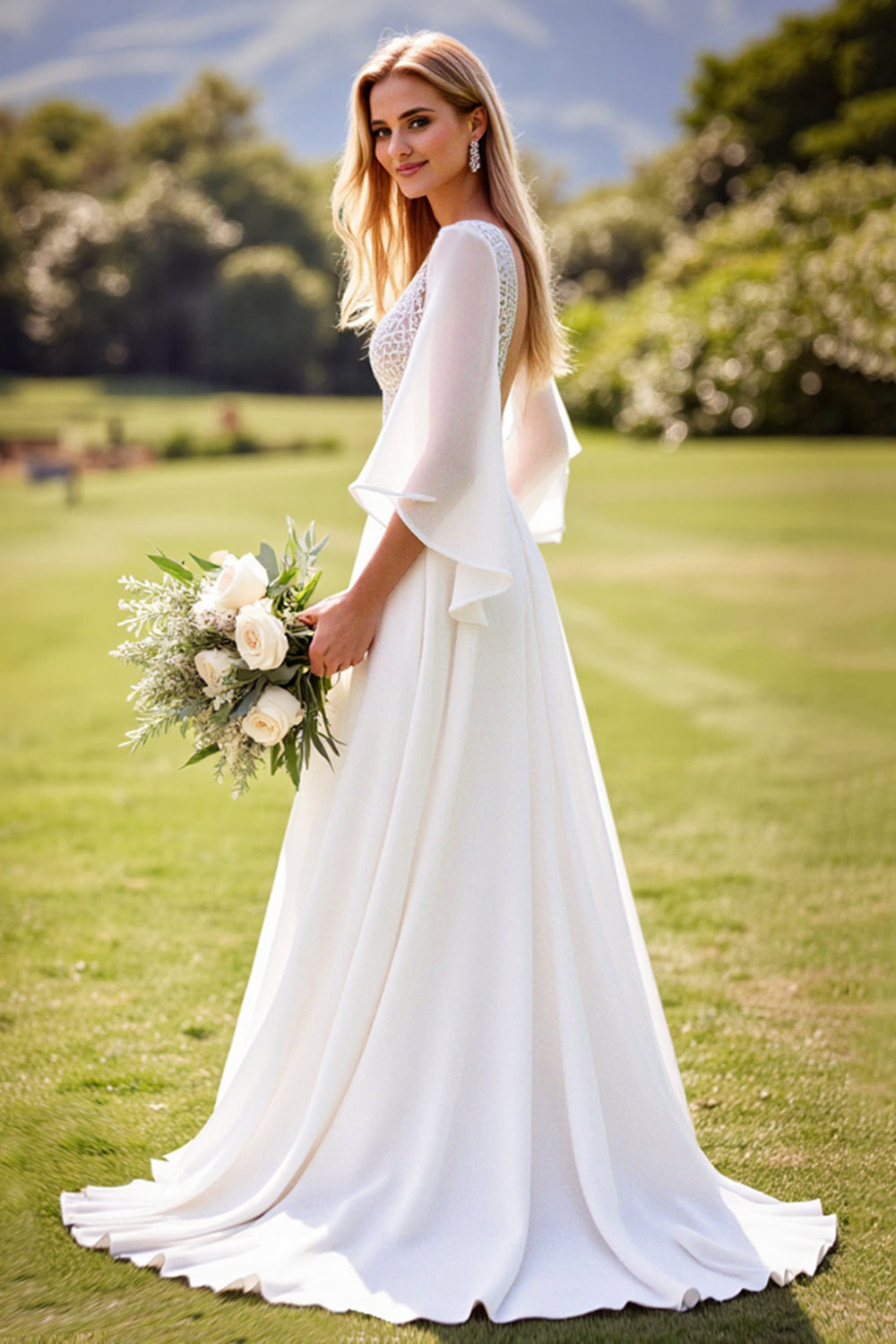 Ivory A Line Chiffon V Neck Sweep Train Wedding Dress with Lace