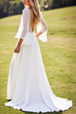 Ivory A Line Chiffon V Neck Sweep Train Wedding Dress with Lace