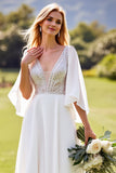 Ivory A Line Chiffon V Neck Sweep Train Wedding Dress with Lace