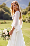 Ivory A Line Chiffon V Neck Sweep Train Wedding Dress with Lace
