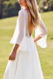 Ivory A Line Chiffon V Neck Sweep Train Wedding Dress with Lace