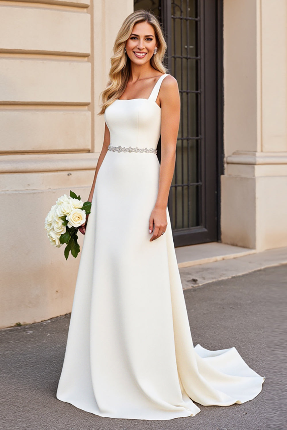 Ivory Satin Square Neck Sweep Train A Line Wedding Dress with Belt