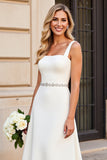 Ivory Satin Square Neck Sweep Train A Line Wedding Dress with Belt