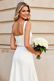 Ivory Satin Square Neck Sweep Train A Line Wedding Dress with Belt