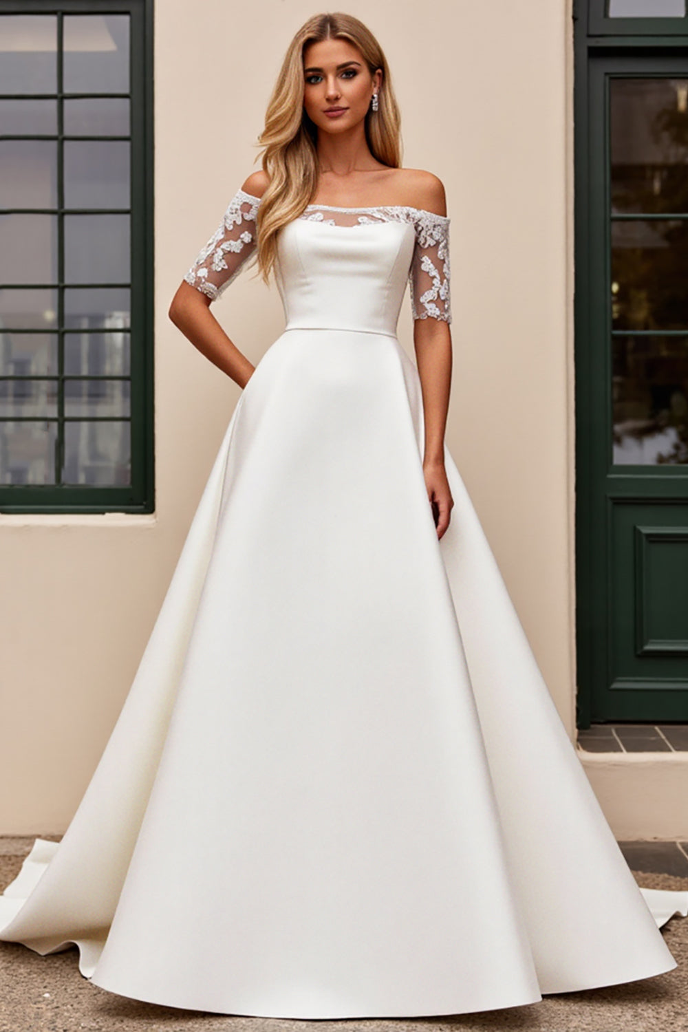 Ivory Satin Off The Shoulder Half Sleeves Sweep Train Wedding Dress with Lace